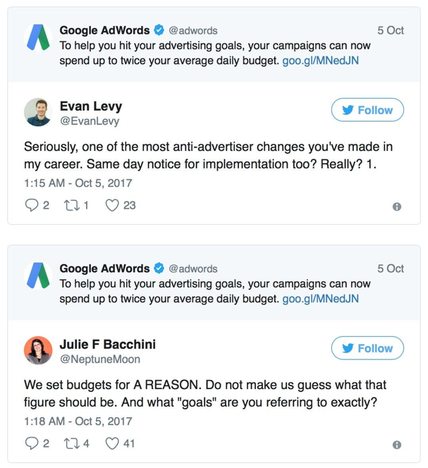 Google AdWords annoucement on Twtiter